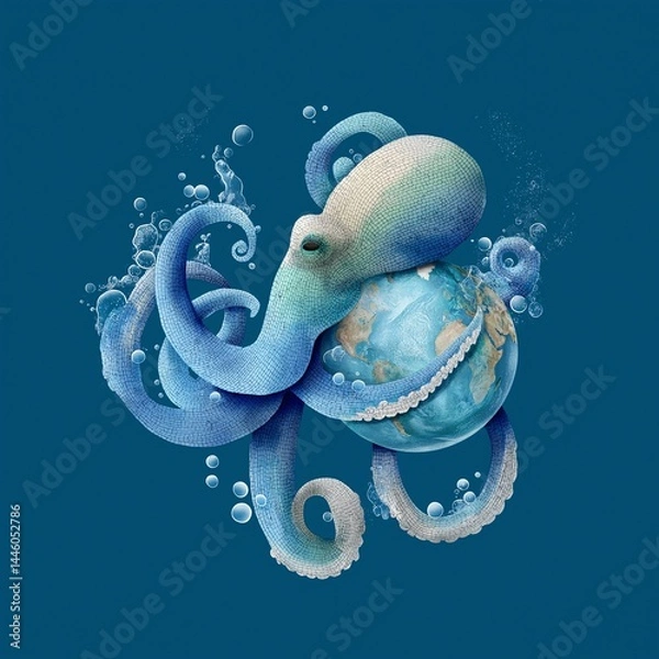 Fototapeta Octopus Hugging World Globe, Emphasizing Interconnectedness and Conservation