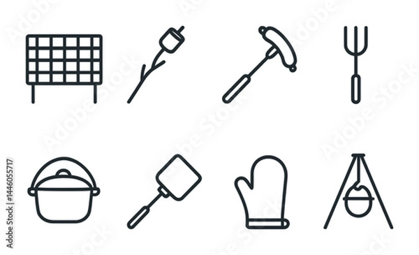 Fototapeta Outdoor cooking icon set - linear style campfire, bbq, and grilling symbols for camping adventures: grill, marshmallow, skewer, fork, pot, spatula, mitt, tripod.