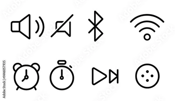 Obraz Communication and connectivity outline icon set – linear style gadgets, devices, and network symbols for digital interface: speaker, mute, bluetooth, wifi, alarm, timer, play, settings.
