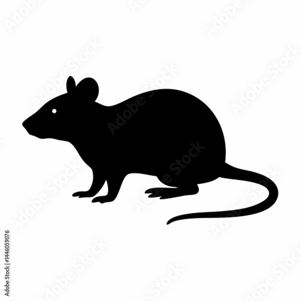 Fototapeta Black rat silhouette sitting on the ground isolated on white background