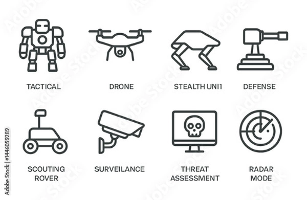 Fototapeta Military technology outline icons set – tactical defense and surveillance symbols for strategy: robot, drone, stealth unit, defense turret, rover, camera, threat monitor, radar
