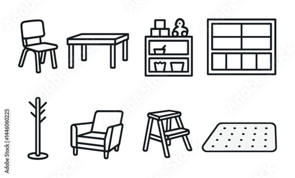 Fototapeta Home furniture linear icons set - outline style interior, decor, and organization symbols: chair, table, shelf, coat rack, armchair, step ladder, rug