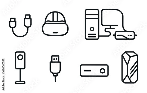 Obraz Tech gadgets and devices icon set – outline style smart electronics, digital accessories for modern tech: vr headset, computer tower, usb cable, webcam, game controller, router