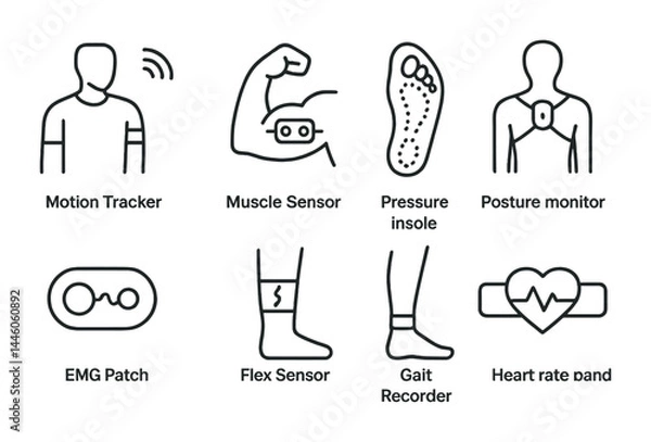 Fototapeta Wearable health technology icon set – outline style monitoring, fitness, and wellness symbols: motion tracker, muscle sensor, pressure insole, posture monitor, emg patch