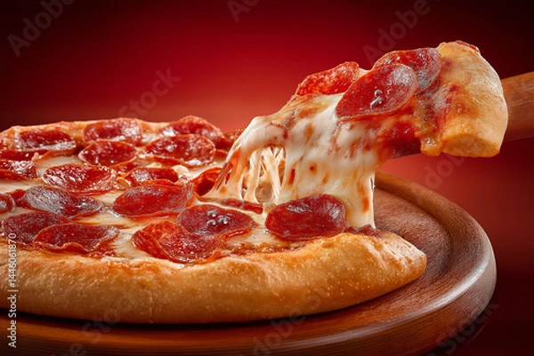 Obraz side view of a full rounded pizza with peperoni and one slice coming up with cheese melting in between isolated on orange background photo, clean solid orange background

