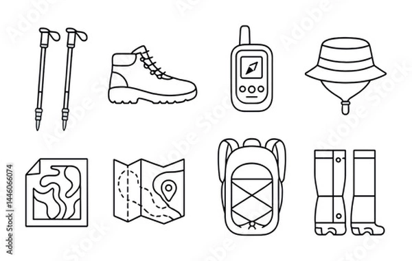 Obraz Hiking and outdoor adventure icons set - outline style trekking, navigation, and gear symbols for wilderness exploration: hiking boots, map, compass, backpack, poles, hat, gaiters, gps.