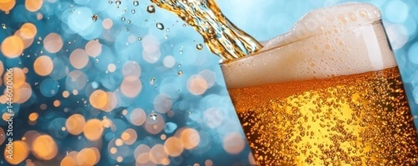 Obraz International beer day with foam alcohol idea. Refreshing beer drink with bubbles and colorful background.
