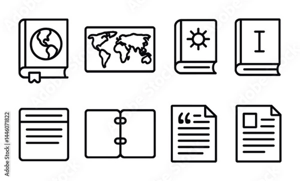 Fototapeta Education and learning outline icons – flat style academic, school, and study symbols for knowledge: book, globe, map, notebook, document, sun, info, paper.