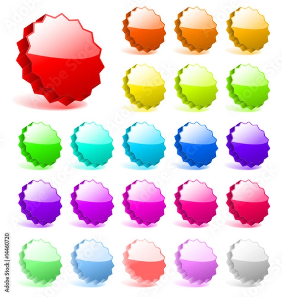Fototapeta 3D star burst glossy shiny vector elements set, different colors three-dimensional ccollection, metall glass reflection effect, editable empty space for promo, orange green, round, blank colorful