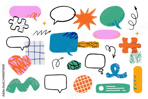 Obraz A collection of diverse doodle-style elements, including speech bubbles, puzzle pieces, stars, hearts, arrows, abstract shapes, and textured patches.