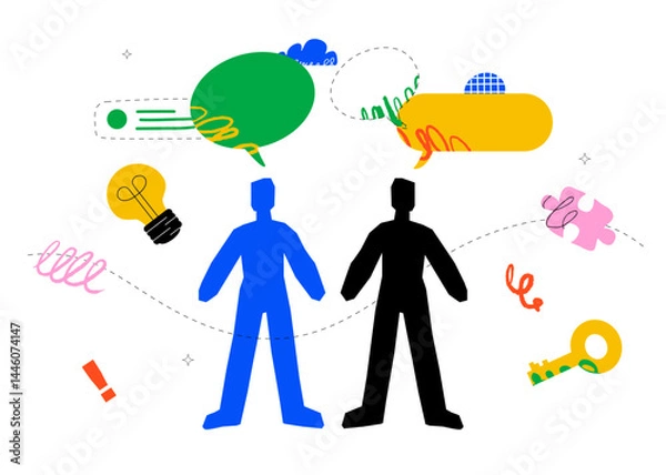 Fototapeta An abstract and colorful illustration depicting two stylized figures surrounded by speech bubbles,, doodles and other abstract elements. A concept for collaboration, communication, ideas,