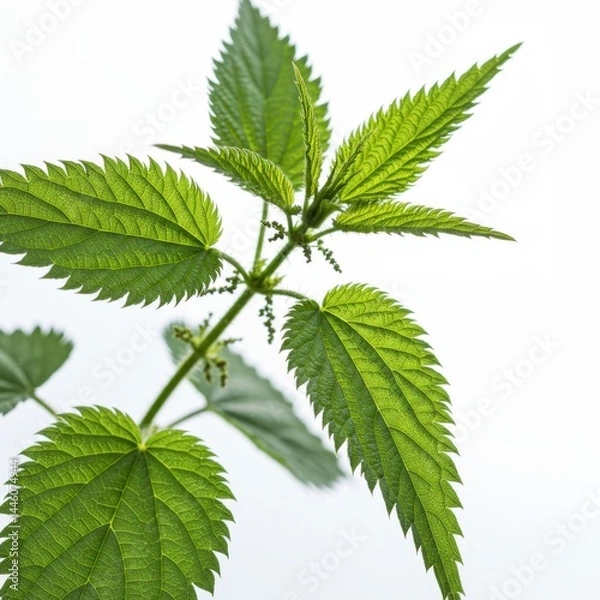 Fototapeta Close up shot of a vibrant green stinging nettle plant against a bright white background in soft lighting