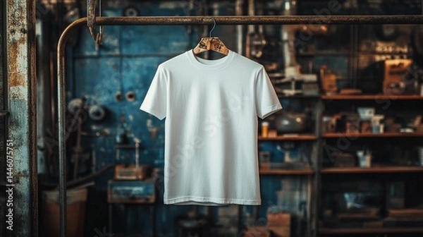 Fototapeta White t-shirt hanging on a rusty rack in a workshop.