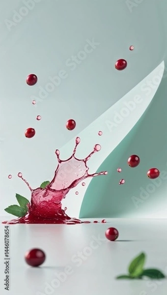 Fototapeta Fresh cranberry berries and juice dancing on a clear mint background 