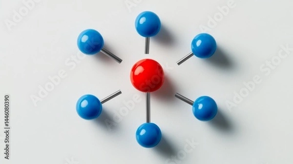 Fototapeta One red pin stands out among five blue pins arranged in a circle on a white background. This shows teamwork, being different, and leading.
