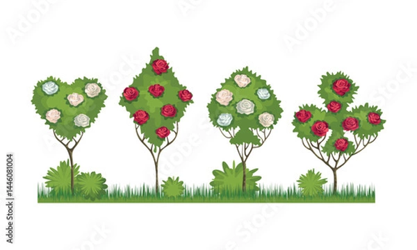 Fototapeta Blooming rose bushes in the shape of card suits from the royal garden. Alice in Wonderland