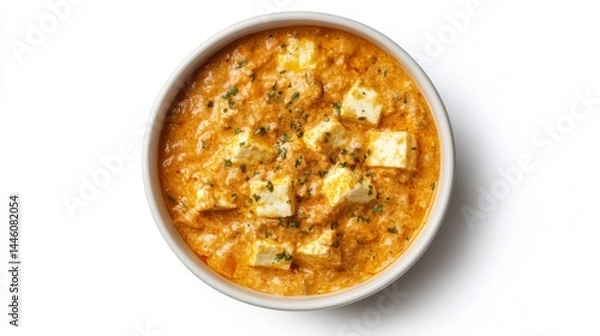 Fototapeta Paneer butter masala is a popular Indian dish with cheese in a creamy sauce. This is a top-down view of the curry, isolated on a white background.
