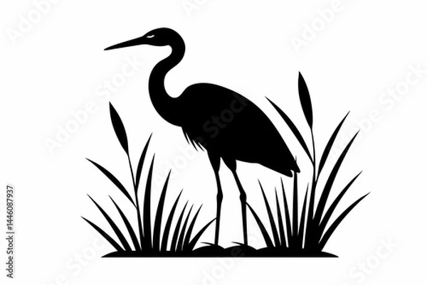 Obraz Black heron silhouette standing in a marsh with tall grass
