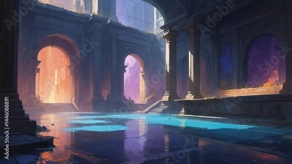 Fototapeta Abstract architecture reflecting in water with colorful lights  