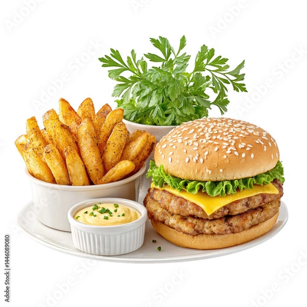 Fototapeta Double cheeseburger with fries and sauce presented on white background