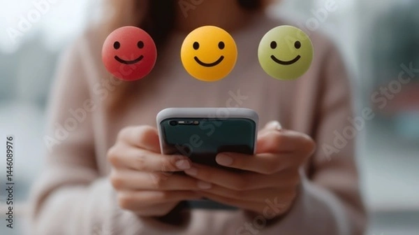 Obraz Woman expressing satisfaction with smartphone and emojis, rating experience