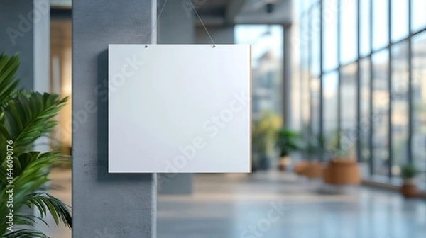 Obraz White blank poster hanging in modern office lobby with plants