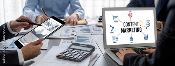 Fototapeta Business intelligence and data analysis concept. Analyst team working on financial data analysis dashboard on laptop screen as marketing indication for effective business strategic planning. Insight