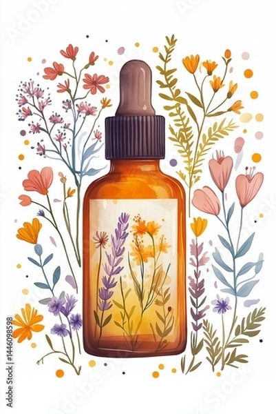 Fototapeta A minimalistic illustration of a brown glass dropper bottle surrounded by colorful flowers and foliage