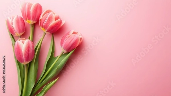 Fototapeta A row of pink and white tulips with green leaves against a solid pink background.