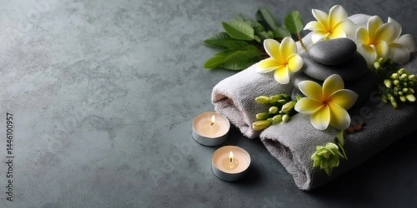 Fototapeta Spa scene with stacked stones candles and plumeria flowers on towels representing relaxation and wellness