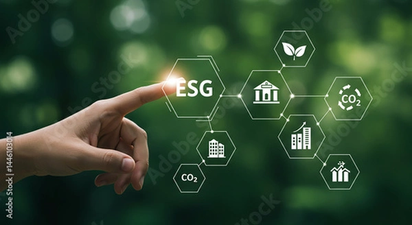Fototapeta A hand touching esg icon with environmental and sustainability symbols on a green background