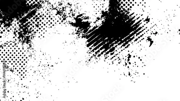 Obraz Vector new style halftone dots modern grunge texture. Black Ink splatter brush stroke on black halftone dots abstract white background	