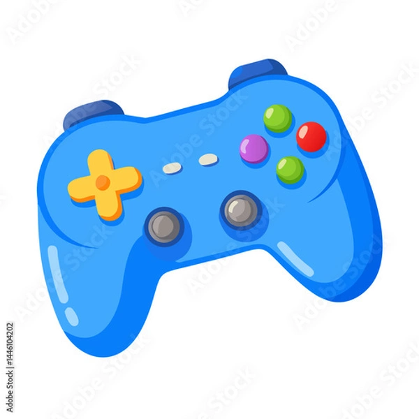 Fototapeta Vector - styled cute icon of a blue cartoon game controller with colorful buttons, perfect for gaming, children's, playful projects.