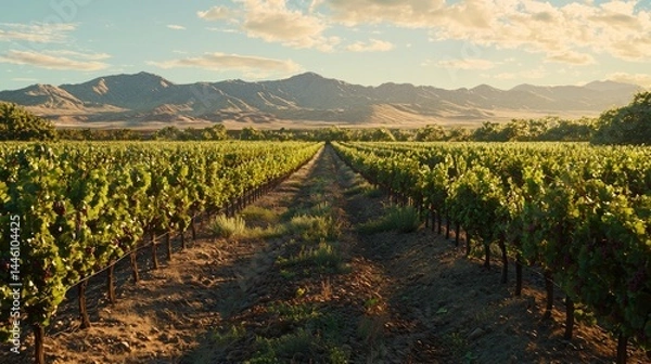 Obraz Lush vineyard rows stretch toward distant mountains at golden hour.