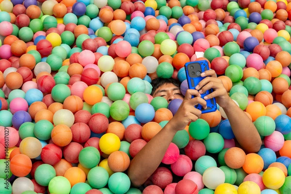 Obraz Young man taking selfie in colorful ball pit using smartphone