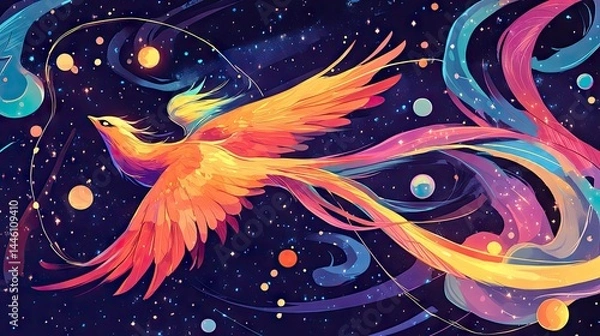 Fototapeta Colorful mythical bird soaring through the cosmos.