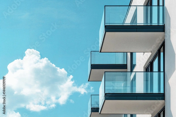 Obraz New building architecture on blue sky background,Low angle architectural exterior view of modern, copy space for text. Perfect for illustrating contemporary architecture, urban living, or real estate