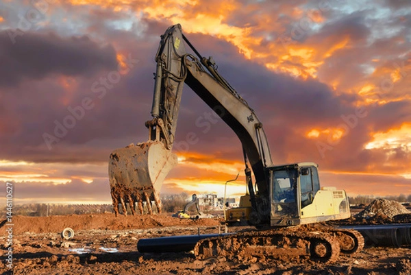 Obraz Excavator dig ground on construction site. Laying external sewer pipes in trench. Sewage drainage building. Civil infrastructure pipe, water lines, sanitary storm. Excavator on earthworks on sunset.