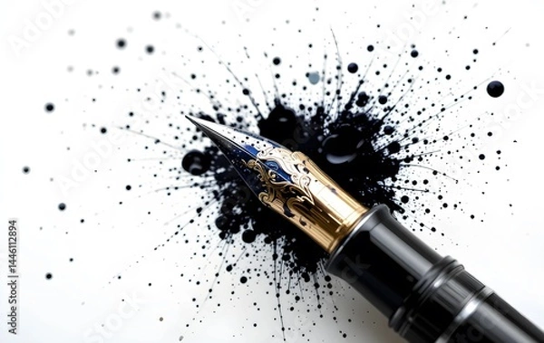 Fototapeta close up of a fountain pen's nip with ink splatters, Fountain pen with ink splatters near the nib on clean studio white background
