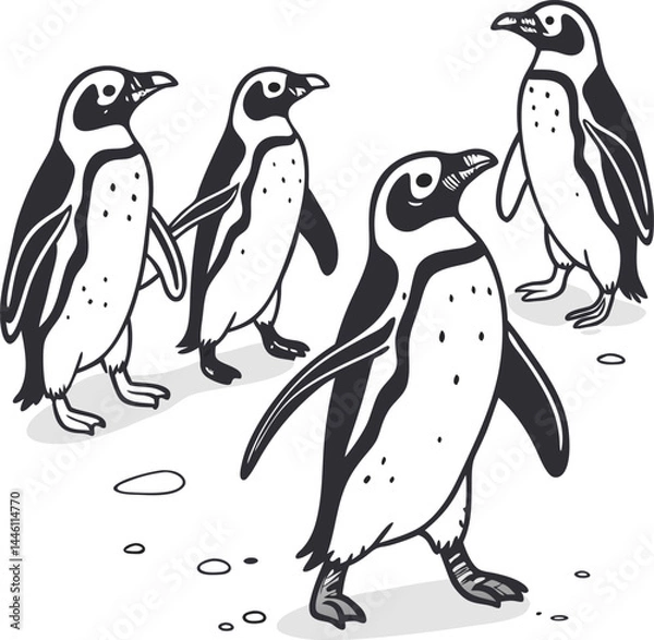Fototapeta Penguin group on white background vector art silhouette illustration