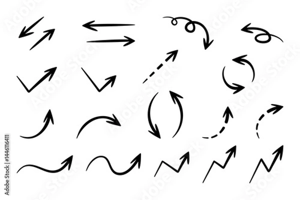 Obraz Set of Hand drawn vector arrows doodle on white background. Pointer design element vector illustration