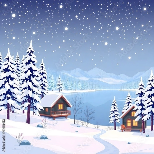 Fototapeta Abstract winter wonderland snow covered trees, frozen lake, gentle snowfall, cozy cabin, pure black, deep shadows art illustration design