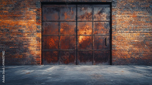 Fototapeta Rusty metal door set in aged brick wall, creating an industrial, grunge background ideal for showcasing products or text