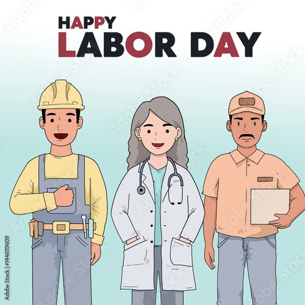 Fototapeta labor day, labour day, workers day, may day, cartoon worker, doctor illustration, builder character, delivery man vector, healthcare worker, square poster, vector illustration, flat style, 