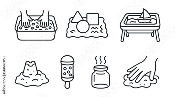 Obraz Line style icons of sensory play: rice bin, foam shapes, texture mat, water table, kinetic sand, noise shaker, smell jar, finger squish.