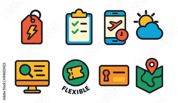 Fototapeta Flat vector icons of last-minute travel features: flash deal icon, quick pack checklist, fast booking symbol, weather check widget, availability scan icon, flexible ticket badge, late checkout card,