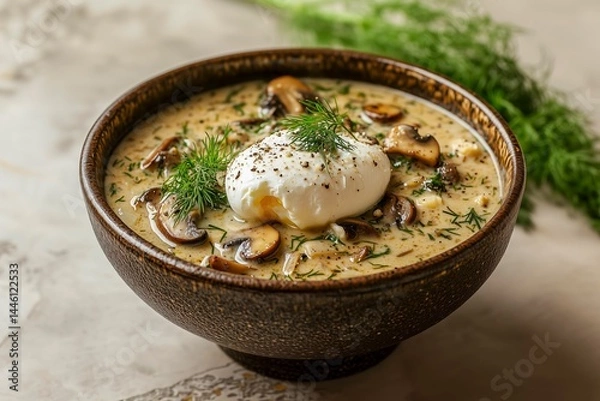 Fototapeta Creamy mushroom soup with a poached egg and fresh dill, served in a rustic bowl.
