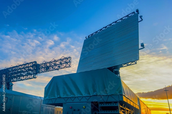 Obraz Air defense radar. Military communications. Radio transmitter battlefield communications. Radar. Anti-drone radar. Military locator, antenna. War military. Tactical Radio Technologies for Defense.