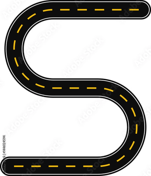 Fototapeta Curved graphic line, in the shape of a paved street with dashed line as surface marking for traffic signage on the road, forming the letter S of the alphabet
