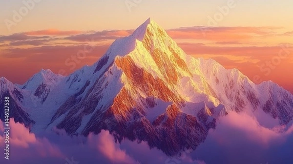 Fototapeta Majestic snow-capped mountain peak at sunset, bathed in warm golden light above a sea of clouds.